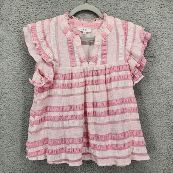 THML Tops - THML Pink & White Striped Ruffle Sleeve Peplum Blouse